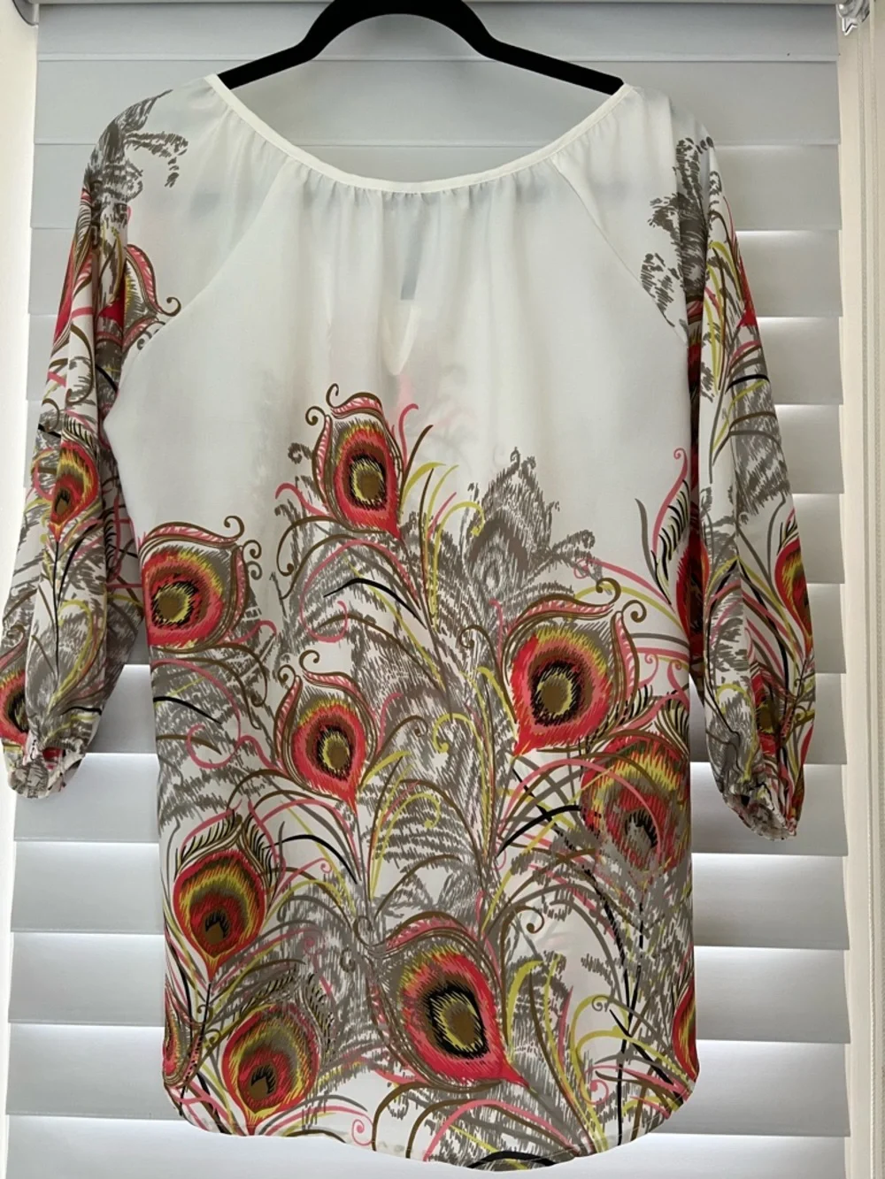 Women's White Peasant Blouse with Multicolor Feather Print - Picture 6 of 7